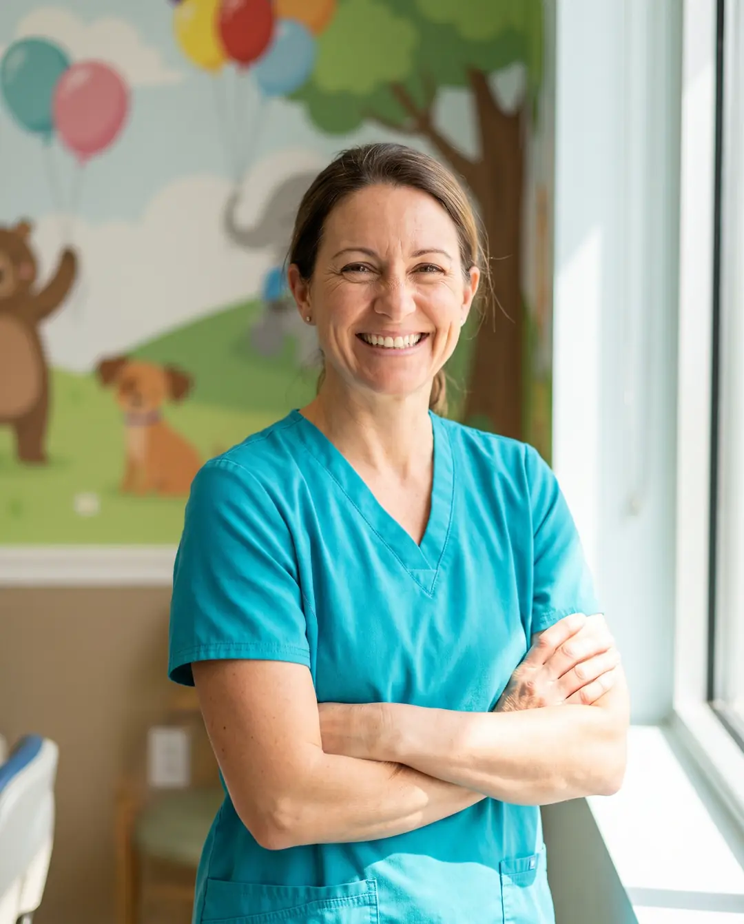 Dr Amara Whitfield, a paediatric dentist in teal scrubs, photographed smiling in front of a painted mural