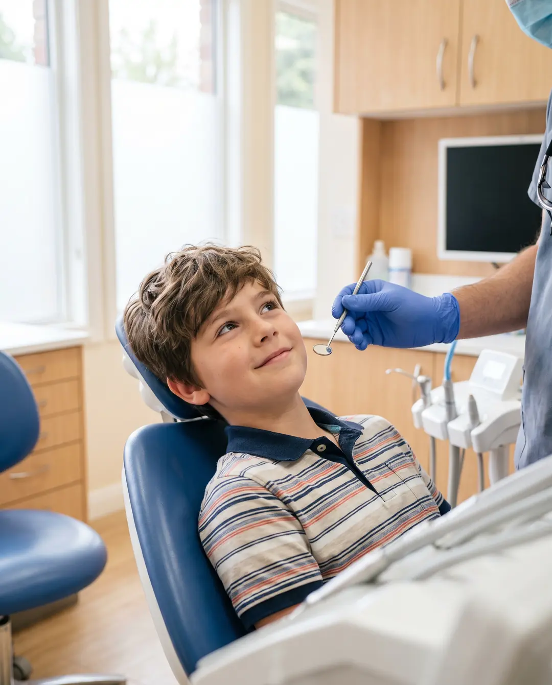 A ten-year-old sitting upright while a dentist checks how her teeth meet, holding a small mirror to one side of her jaw