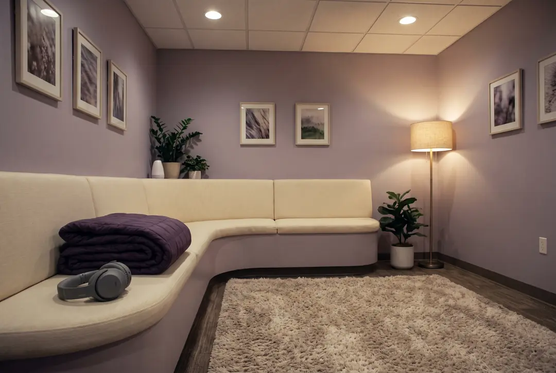 The quiet room: dimmable warm lighting, a folded weighted blanket on a rounded bench and noise-cancelling headphones