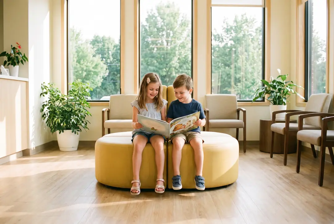 Two siblings sitting together in the waiting-room reading nook, the older one holding a picture book open for the younger